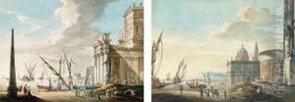 A Capriccio Of An Obelisk And A 
Classical Temple; And A Capriccio Of Ships Off A Classical Harbour Oil Painting by Jacob Van Der Ulft