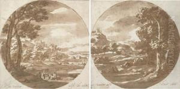 An Extensive River Landscape 
With Figures Beneath A Tree; And Anextensive Landscape With A Castle On A
 Hill To The Left Oil Painting by Jacob Van Der Ulft