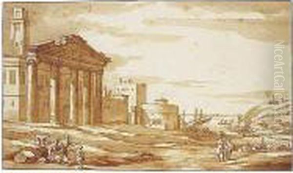Capriccio With Peasants By Roman
 Ruins And Other Buildings, A Mediterranean Harbour Behind Oil Painting by Jacob Van Der Ulft