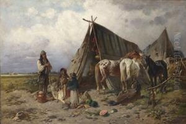 Zigeunerlager In Der
 Puszta. Oil Painting by Adolf van der Venne