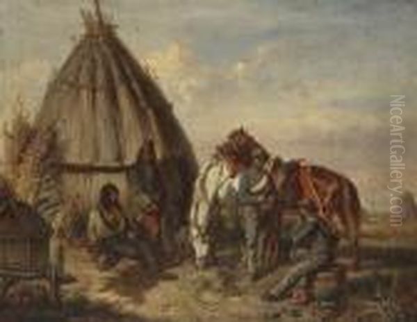 Soldaten Mit Gefesselten
 Gefangenen Bei Der Rast Vor Einer Strohhutte. Oil Painting by Adolf van der Venne