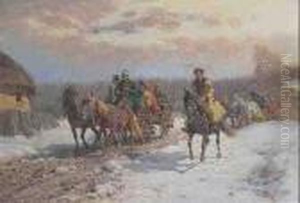 Pferdegespanne In Winterlandschaft Oil Painting by Fritz van der Venne