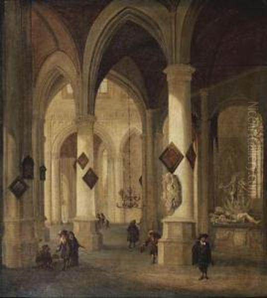 The Interior Of The Oude Kerk, 
Delft, With Peasants And Eleganttownsfolk Near The Funerary Monument Of 
Admiral Maerten Harpertsz.tromp Oil Painting by Hendrick Van Vliet