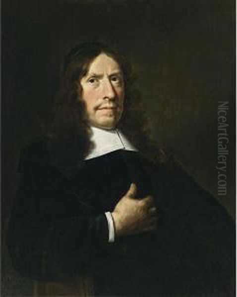 A Portrait Of A Cleric, Aged 65,
 Seated Half Length, Wearing A Black Coat With A White Collar And 
Sleeves And A Black Cap Oil Painting by Hendrick Van Vliet