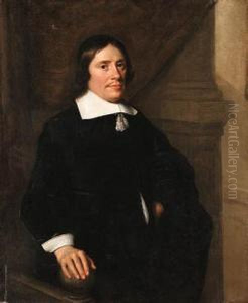 Portraits Of A Gentleman And A 
Lady, Standing Three-quarter Length,wearing Black Costumes With White 
Collars And Cuffs, Onbalconies Oil Painting by Hendrick Van Vliet