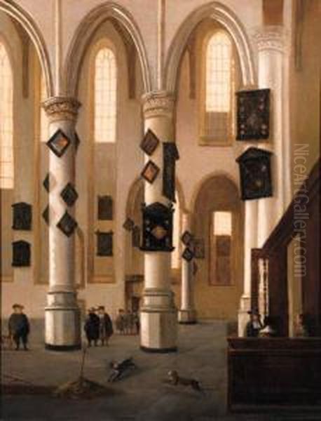 A View In The Oude Kerk, Delft, 
Looking East From The Northernaisle, With Townsfolk Near An Open Grave Oil Painting by Hendrick Van Vliet