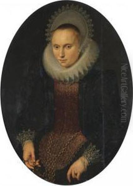 Portrait Of A Lady, Half-length,
 Wearing A Red And Black Richly Embroidered Jacket, A White Ruff And A 
White Headdress Oil Painting by Cornelis van der Voort