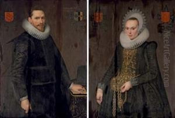 Portrait Of Adriaen De Kies Van 
Wiessen (1582-1664), Three-quarter-length, In A Black Doublet With A 
White Lace Ruff, Standing By A Table; And Portrait Of Justina Van 
Teylingen (1596-1643), Wife Of Adriaen De Kies Van Wissen, 
Three-quarter-length Oil Painting by Cornelis van der Voort