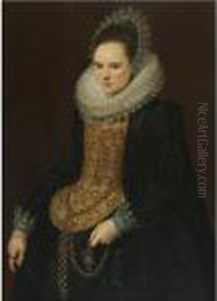 Portrait Of A Lady, Three 
Quarter Length, In An Embroidered Mill Ruff, A Black Dress And A Bonnet Oil Painting by Cornelis van der Voort