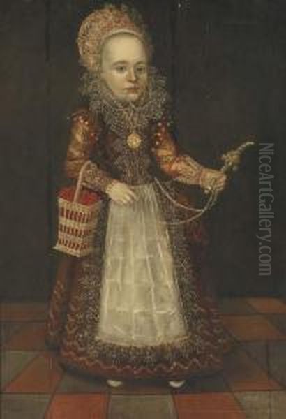 Portrait Of A Young Girl, 
Full-length, In A Dress With A Lace Ruff, Holding A Basket Of Cherries 
And A Rattle Oil Painting by Cornelis van der Voort