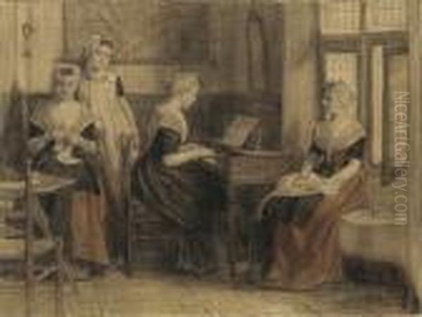 Femme Assise Jouant Du Piano, 
D'autres Femmes Cousant Dans Un Interieur Aux Armes D'amsterdam Oil Painting by Nicolaas Van Der Waay