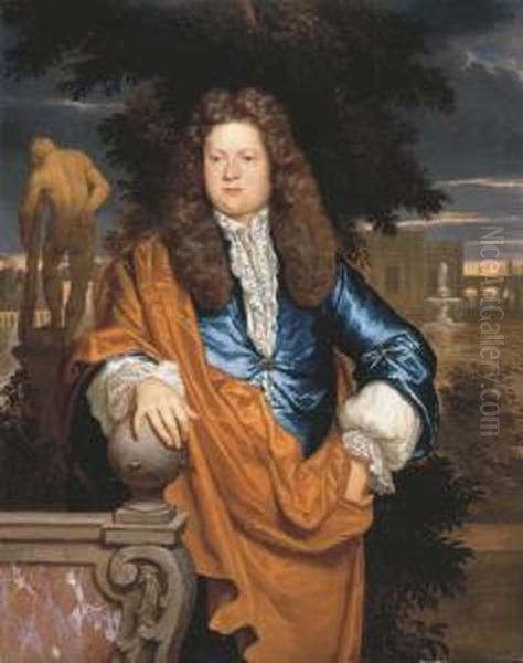 Portrait Of A Gentleman, 
Three-quarter-length, In A Blue Velvetjacket With White Lace Shirt And 
Brown Cape, In A Garden, Beforethe Statue Of The Farnese Hercules Oil Painting by Adriaen Van Der Werff