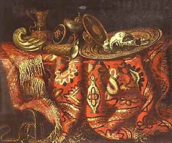 A nautilus cup a paten ewers and a gilt dish on a carpet draped over a ledge Oil Painting by Francesco (Il Maltese) Fieravino