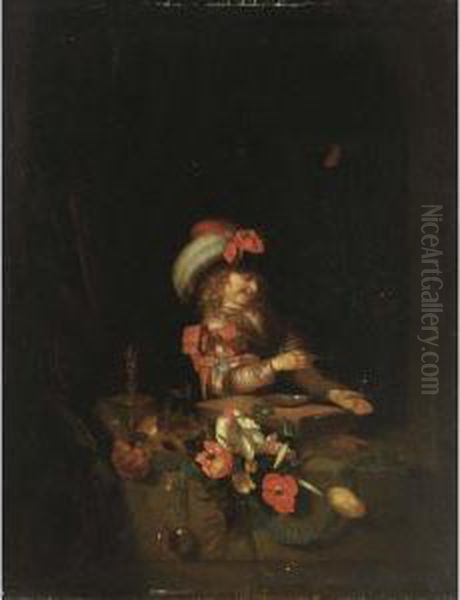 Vanitas: A Boy In A Window 
Blowing Bubbles, With A Skull, Flowers, A Watch, A Candle And A 
Butterfly Oil Painting by Adriaen Van Der Werff
