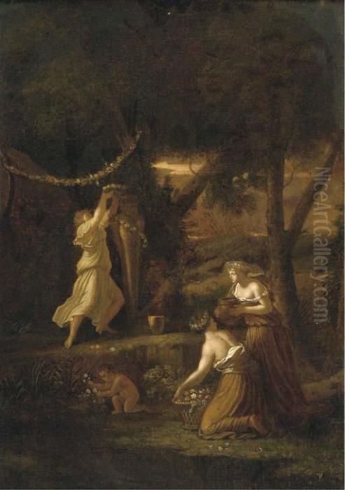 Nymphs Decorating A Herm With Garlands Oil Painting by Adriaen Van Der Werff