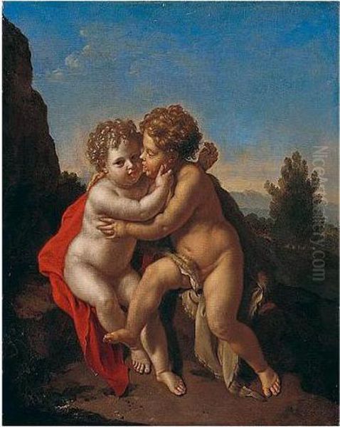 The Infant Christ And The Infant
 Saint John The Baptist Playing In A Mountainous Landscape Oil Painting by Pieter van der Werff