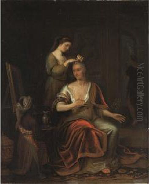 A Lady Making Her Toilet With 
Her Maidservant, A Black Servant Holding A Jug In The Foreground Oil Painting by Thomas van der Wilt