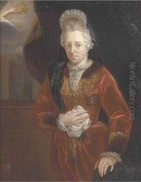 Portrait Of A Gentleman, 
Standing Three-quarter-length, In A Brown Silk Robe With Blue Lining Oil Painting by Thomas van der Wilt