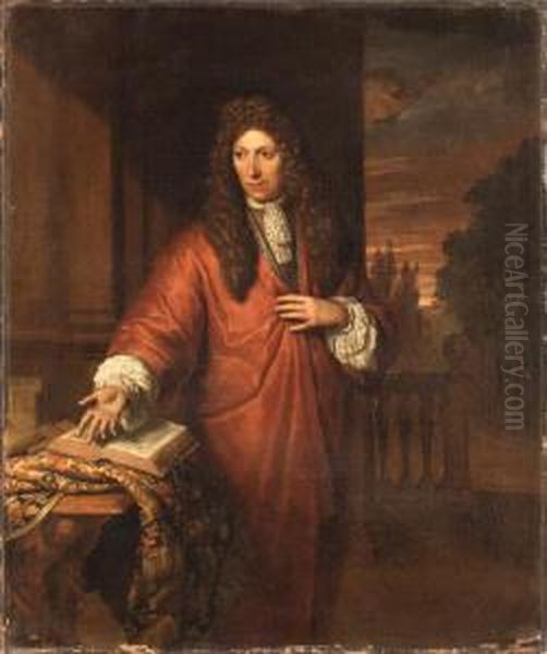 Portrait Of A Gentleman, Small 
Three-quarter Length, In A Red Robe,beside A Draped Table With A Book, A
 Landscape Beyond Oil Painting by Thomas van der Wilt