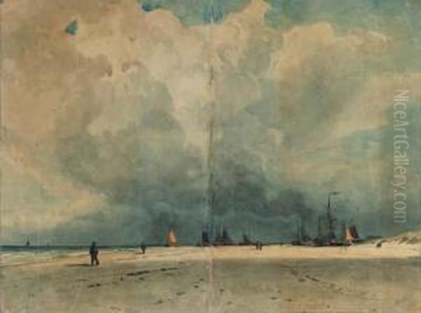 Fishing Boats On A Beach 
(recto); Study Of A Fisherman Resting Onwooden Boatparts (verso) Oil Painting by W.A. van Deventer