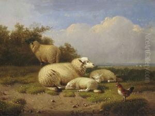 Schafe Und Huhn Auf Der
 Weide. Oil Painting by Joseph Van Dieghem