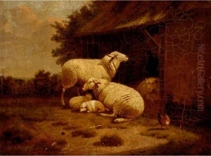Sheep And Lambs Outside A Barn Oil Painting by Joseph Van Dieghem
