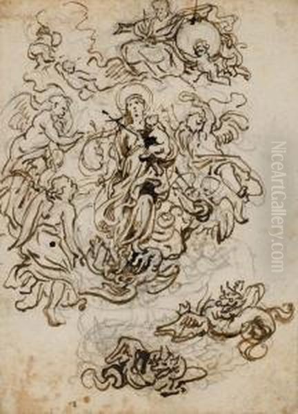 Vierge I L'enfant Foulant Un Dragon, Dans Les Nuees Et Entouree D'anges Oil Painting by Abraham Jansz. van Diepenbeeck