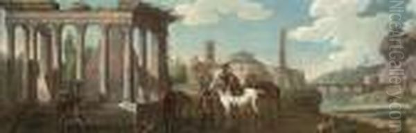A River Landscape With Roman 
Ruins And Travellers Resting Their Horses, A Washerwoman Beyond: An 
Overdoor Oil Painting by Adriaen Van Diest