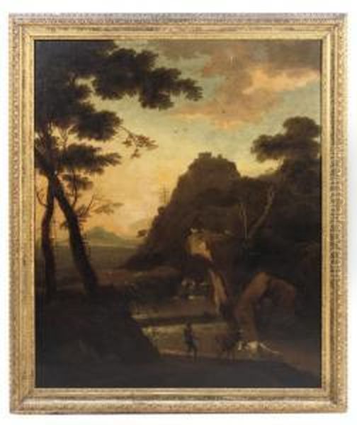 An Italianate Rocky Landscape 
With A Drover And Cattle Before A Stream, Goats On A Rocky Outcrop 
Beyond Oil Painting by Adriaen Van Diest