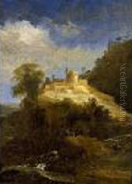 A Mountainous Landscape With A 
Goat Near A Stream And Travellers On A Path Towards A Castle Oil Painting by Adriaen Van Diest