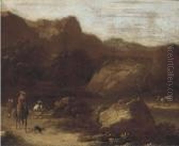 Figures And A Dog On A Beaten Track Oil Painting by Adriaen Van Diest
