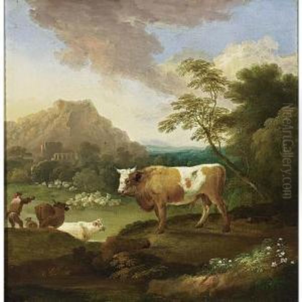 An Italianate Landscape With A 
Bull In The Foreground And A Shepherd With His Herd Nearby Oil Painting by Adriaen Van Diest