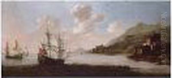 English Man-of-war Off The Coast Oil Painting by Adriaen Van Diest
