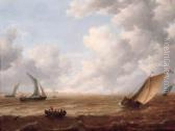 A Wijdschip Tacking Offshore In A
 Stiff Breeze With A Smalschip Andsailors In A Rowing Boat Nearby, On A 
Cloudy Day Oil Painting by Hieronymous Van Diest