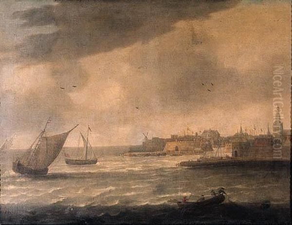 A View Of Flushing From The 
Schelde With The Windmill De Leugenaeron The Left, The Townhall And The 
Grote Kerk On The Right, Withshipping On The River Nearby, The Oude 
Waterpoort At The Entry Ofthe Harbour Beyond Oil Painting by Hieronymous Van Diest