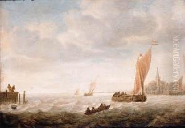 A Wijdschip Before The Wind 
Approaching A Harbour, With A Pink Andother Shipping Beyond, Anglers On A
 Jetty Nearby Oil Painting by Hieronymous Van Diest