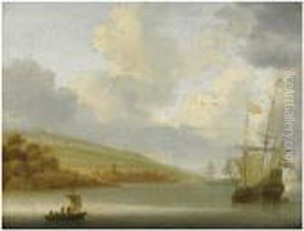 A Calm Marine Landscape With Dutch Ships At Anchor Oil Painting by Willem van Diest