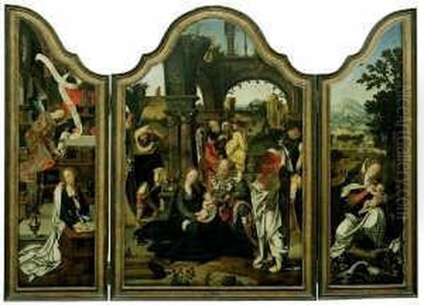 Triptychon. Mittelbild: Die 
Anbetung Der Konige. Linker Seitenflugel: Maria Verkundigung. Rechter 
Seitenflugel: Die Ruhe Auf Der Flucht Nach Agypten. Oil Painting by Jan van Dornicke