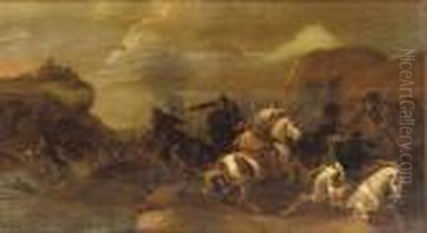 A Cavalry Skirmish In A Rocky Landscape Oil Painting by Simon Johannes van Douw