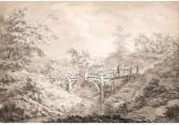 A Figure On The ``petit Pont Suisse', In The Park At Elswout, Near Haarlem Oil Painting by Egbert Van Drielst