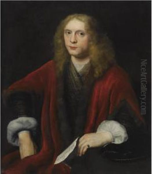 Portrait Of A Gentleman, 
Probably Johannes Van Zell (born Circa1620), Seated Half-length, Wearing
 A Gold Embroidered Waistcoat Anda Crimson Fur-trimmed Coat, Holding A 
Letter Oil Painting by Abraham van Dijck