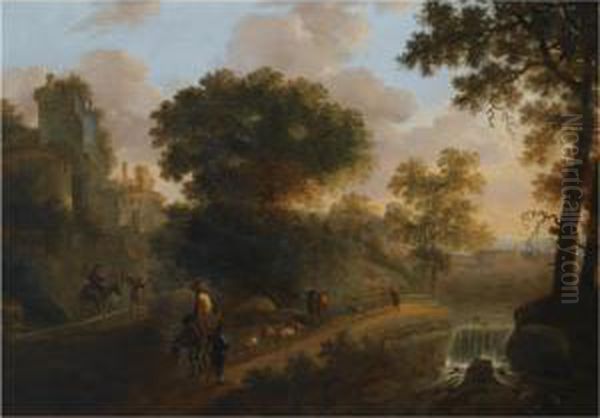 An Italianate Wooded Landscape 
With Shepherds Herding Their Flock And Cattle On A Path Near A Ruined 
Tower, A View Of A Village Beyond Oil Painting by Abraham van Dijck