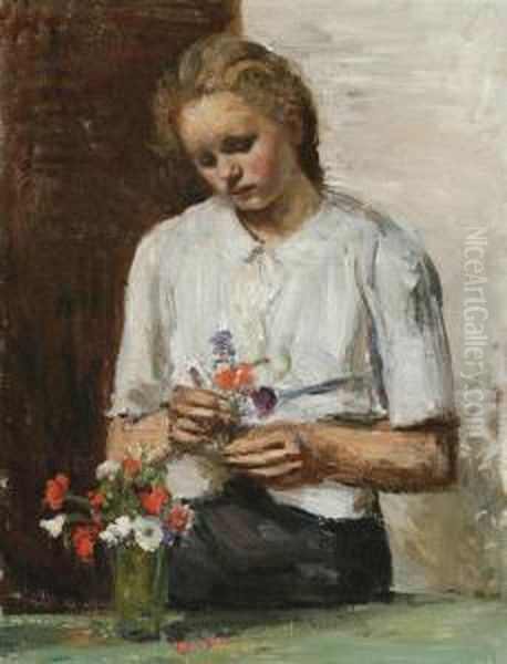 Gusta With Flowers (1943) Oil Painting by Albert Van Dyck