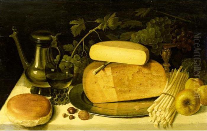 Still Life With Cheeses On A 
Pewter Plate Together With Asparagus, Nuts, Apples, Grapes, A Bun, A 
Roemer And A Tankard Oil Painting by Floris Claesz Van Dijck