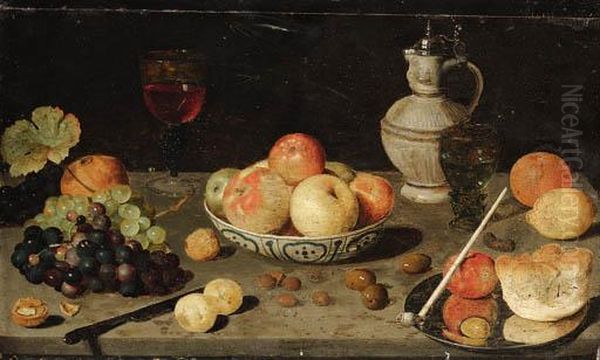 Grapes, Olives, Walnuts, 
Hazelnuts, An Orange, A Lemon, A Pomegranate, A Roemer, A Stoneware Ewer Oil Painting by Floris Claesz Van Dijck