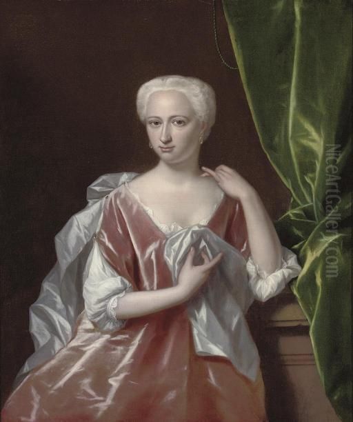 Portrait Of A Lady, 
Three-quarter-length, In A Pink Dress And Grey Mantle, By A Plinth, A 
Green Curtain Draped To Her Left Oil Painting by Philip Le Petit Van Dyk