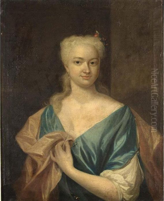 A Portrait Of Sara Louise De 
Laignier, Half Length, Wearing A Blue Dress With White Sleeves And A 
Pink Shawl Oil Painting by Philip Le Petit Van Dyk