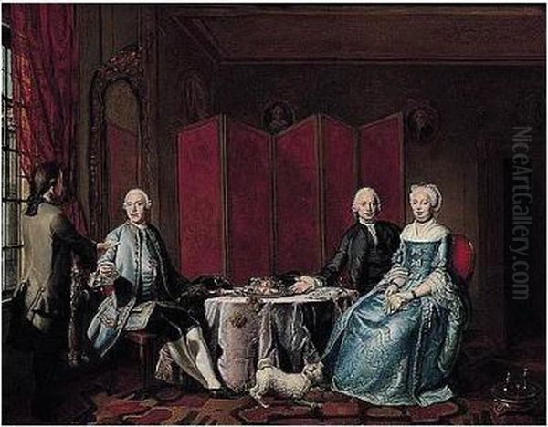 A Domestic Interior With Elegant
 Figures Seated Around A Table, A Servant Bringing A Letter To His 
Master Oil Painting by Philip Le Petit Van Dyk