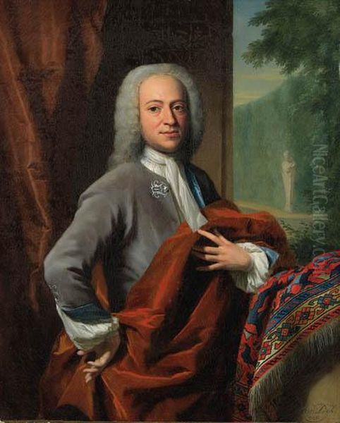 Portrait Of A Gentleman, Small 
Three-quarter-length, In A Greycoat, Holding An Orange Cloak, Resting 
His Left Arm On A Turkishrug, An Ornamental Garden Beyond; And Portrait 
Of A Lady, Seatedsmall Three-quarter-length, In A Green Dress With A 
Pink  Oil Painting by Philip Le Petit Van Dyk