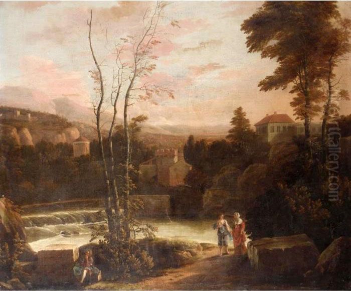 An Extensive Italianate 
Landscape With Two Women Walking On A Path And A Fisherman Resting On A 
Stone In The Foreground. Oil Painting by Gerard Van Edema